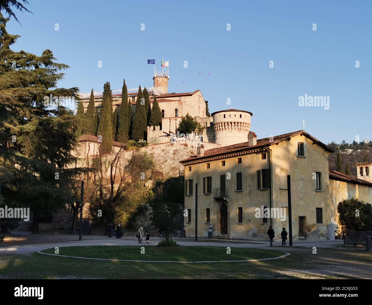 beautiful panorama of Brescia Castle seen at sunset High quality photo Stock Photo
