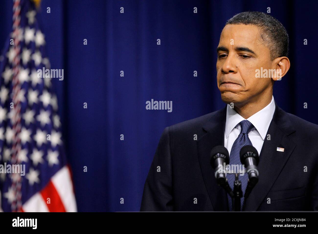U.S. President Barack Obama holds a news conference in the South Court Auditorium of the Eisenhower Executive Office Building near the White House in Washington, March 11, 2011.   REUTERS/Jason Reed   (UNITED STATES - Tags: POLITICS) Stock Photo