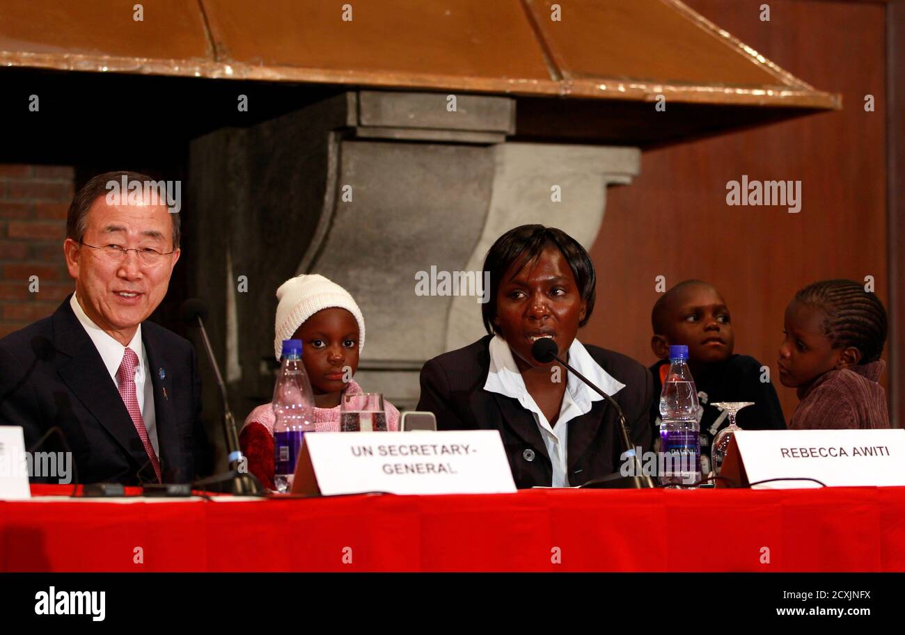 Rebecca Auma Awiti, 36, a mother living with HIV and field coordinator with the non-governmental organisation Women Fighting AIDS, flanked by U.N. Secretary General Ban Ki-moon (L), addresses a news conference in the capital Nairobi March 31, 2011. Discrimination, stigma and gender inequality are threatening to undermine progress in the fight against HIV/AIDS, 30 years after the deadly virus took its first toll, the U.N. chief said on Thursday. Awiti is accompanied by her HIV-negative children Lennox, Nicole and Natalie. REUTERS/Thomas Mukoya (KENYA - Tags: POLITICS HEALTH) Stock Photo