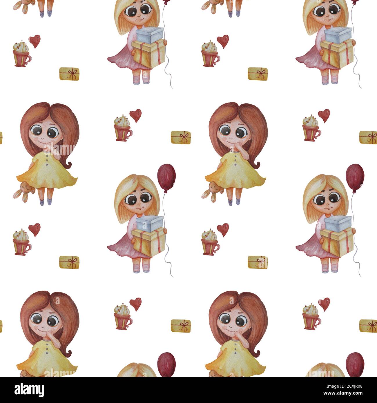 Seamless pattern. kids collection. Cute little girls with boxes of ...
