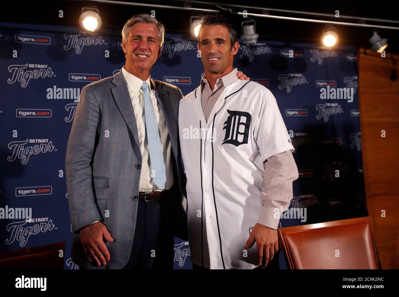 Detroit Tigers General Manager Dave Dombrowski (L ) and newly named Tigers manager Brad Ausmus pose together during a press conference where Ausmus was named the 37th manager in franchise history of the Tigers in Detroit, Michigan November 3, 2013.   REUTERS/Rebecca Cook  (UNITED STATES - Tags: SPORT BASEBALL) Stock Photo
