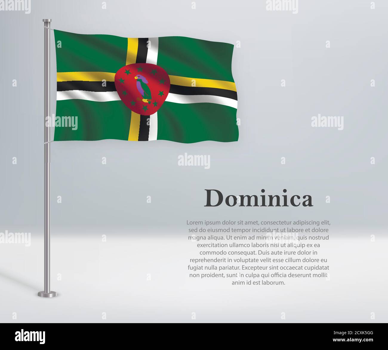 Waving flag of Dominica on flagpole. Template for independence d Stock ...