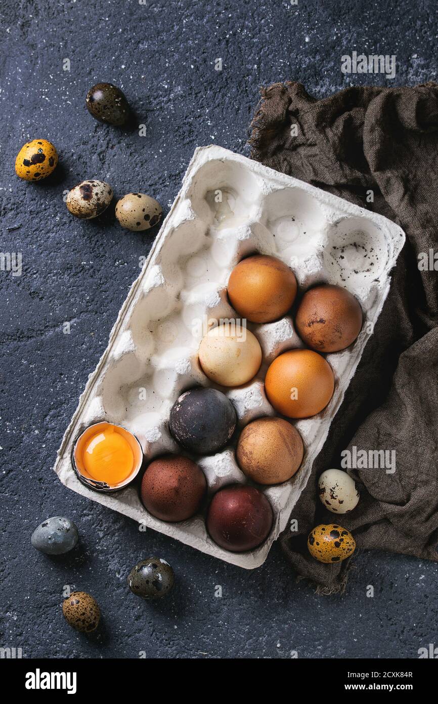 Brown and gray colored chicken and quail Easter eggs in paper box with ...