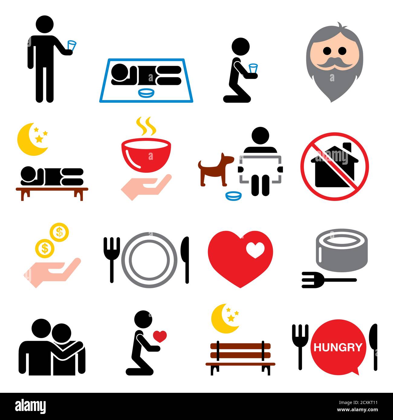 Homeless, poverty, man begging for money icons set - society, helping other people with no home concept Stock Vector