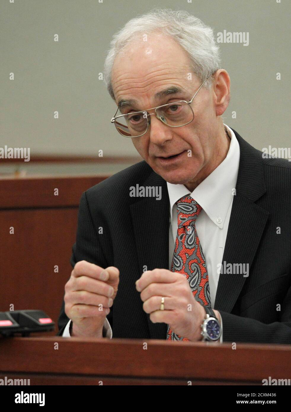 David J. Cook, a collections attorney, testifies at O.J. Simpson's evidentiary hearing in Clark County District in Las Vegas, Nevada May 16, 2013. O.J. Simpson, the former football star famously acquitted of murder in 1995, took the witness stand in a Las Vegas courtroom on Wednesday seeking a new trial in an armed-robbery case that sent him to prison five years ago.    REUTERS/Steve Marcus   (UNITED STATES  - Tags: CRIME LAW ENTERTAINMENT SPORT) Stock Photo