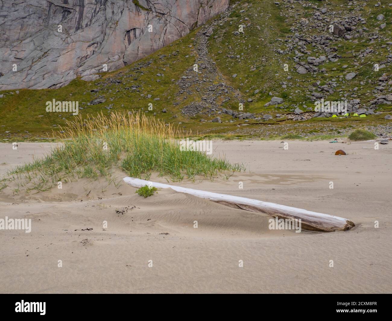 Big dune on the sandy, beautiful Bunes beach and green tents in background Lofoten, Norway Stock Photo