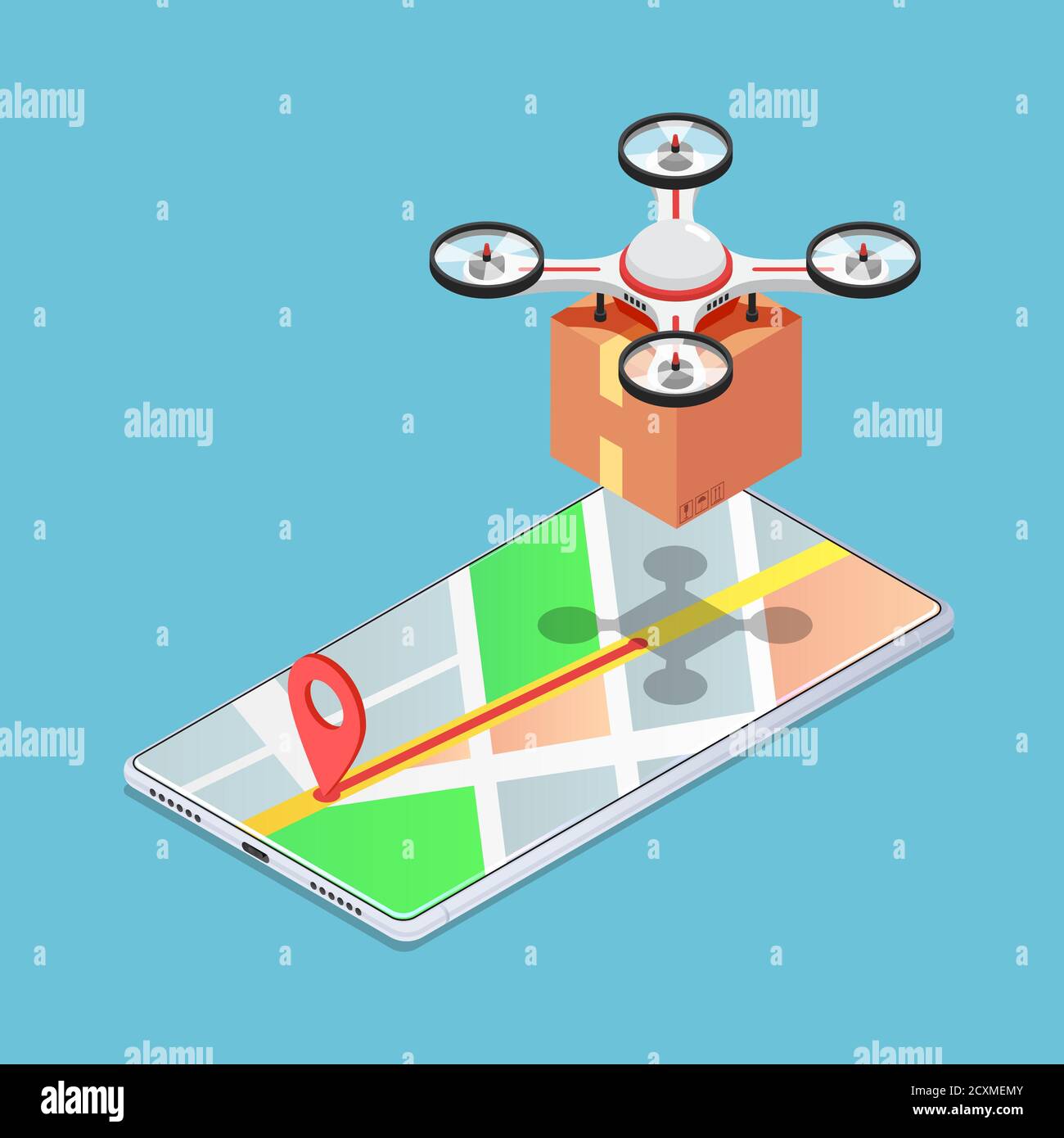 Flat 3d isometric quadcopter or drone on map carrying a package to delivery. Drone delivery and shipment innovation concept. Stock Vector