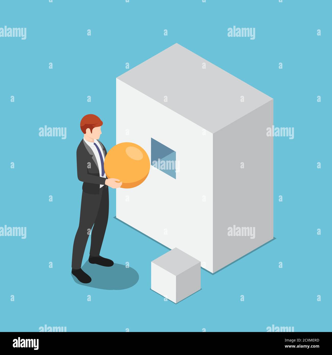Trying Shape Flat 3d isometric businessman trying to put sphere shape into the ...