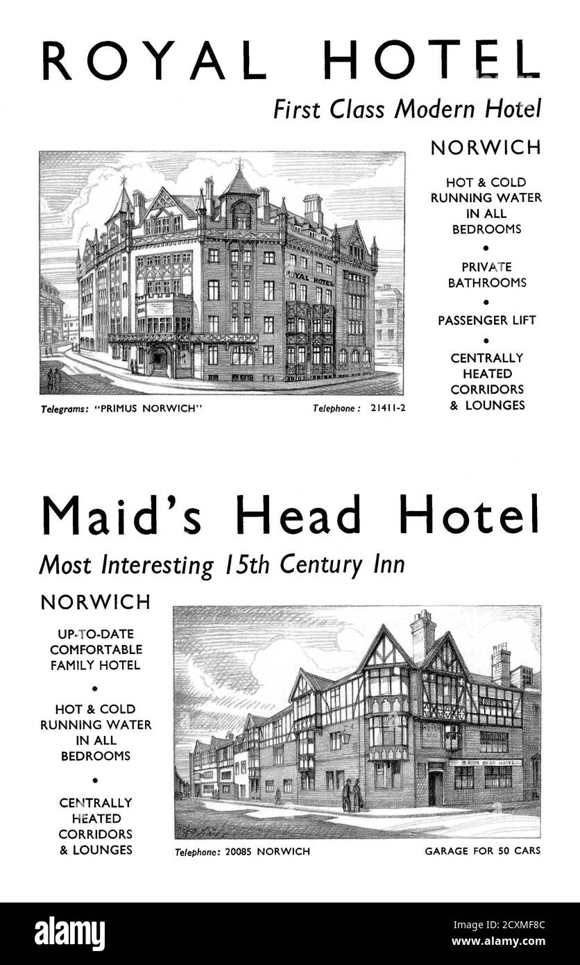 A 1951 advert for two hotels in Norwich, Norfolk, England, UK. This appeared in a magazine marking the Festival of Britain celebrations in Norwich that year. The Royal Hotel is in Prince of Wales Road. The hotel was designed by the Norwich architect Edward Boardman and it opened in 1897. Today the building is used as offices and a business centre. The Maid’s Head Hotel dates from the 13th century and is amalgamation of at least 6 buildings. It is in Tombland very close to Norwich Cathedral. Both hotels emphasise that they have central heating throughout the premises – vintage 1950s graphics. Stock Photo