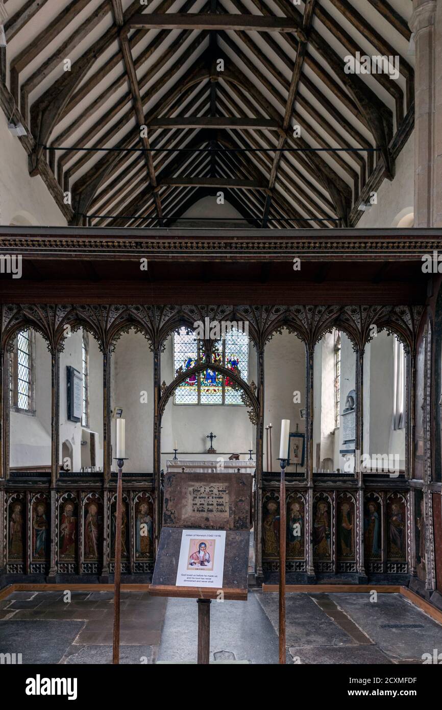 Interior of St Helen's Church, Ranworth. Dating back to 1450, the grade I listed church of St Helen is often called ‘The Cathedral of the Broads’. Stock Photo