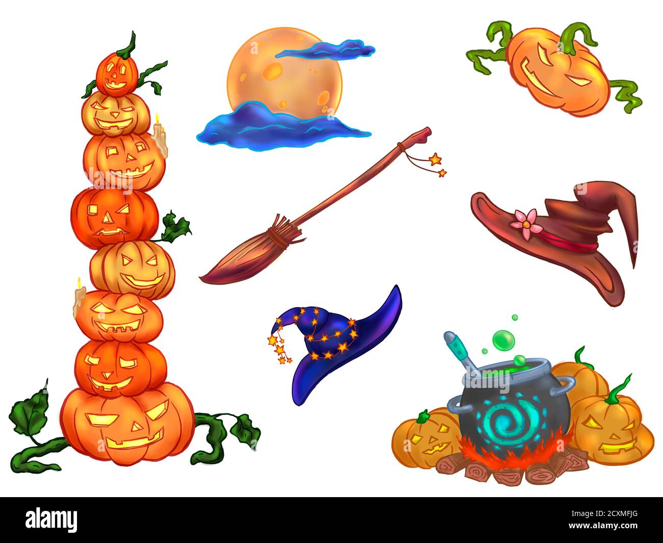 Halloween party set.Pumpkins,cauldron,broom,full moon, witch hats. Can be use as stickers or for any decoration Stock Photo