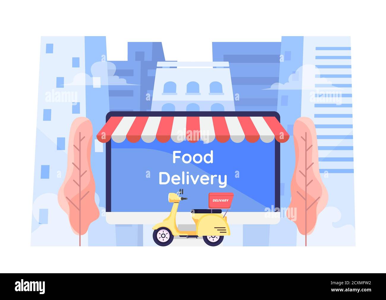 Flat 3d Isometric Online Food Ordering System on Computer Monitor Screen with Motocycle on City Background. Online Food Ordering and Delivery Service Stock Vector