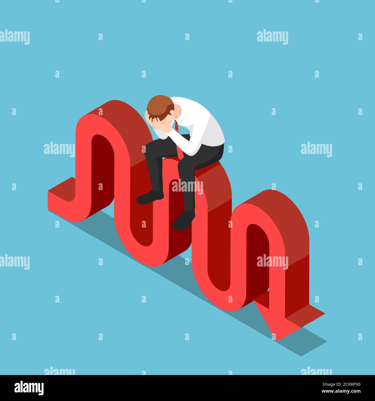 Flat 3d isometric stressed businessman sitting on stock market fluctuation arrow. Financial crisis and investment risk concept. Stock Vector