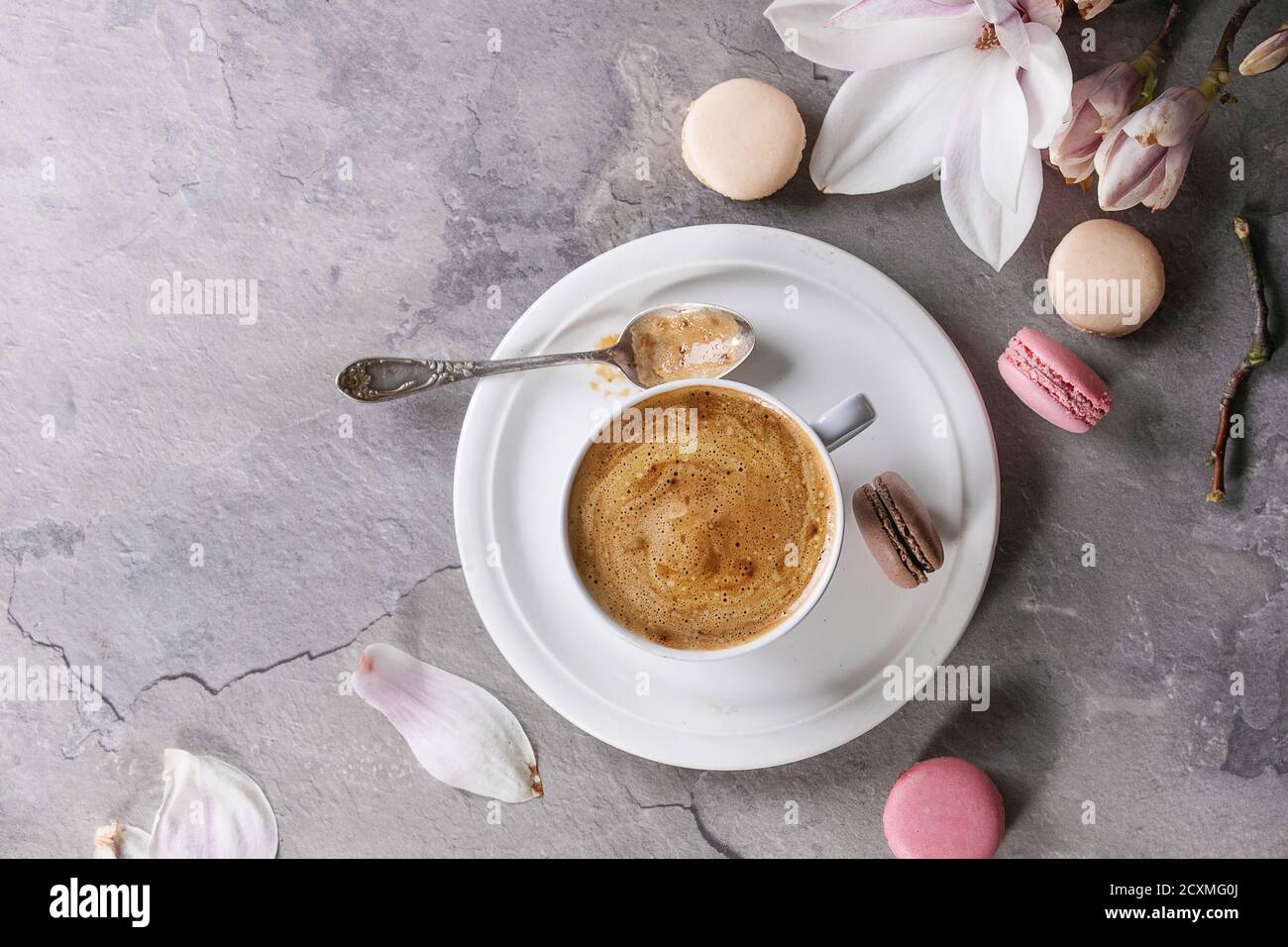 White cup of black coffee, served on white saucer with macaroons biscuits, spoon and magnolia flower blossom branch over gray texture background. Flat Stock Photo