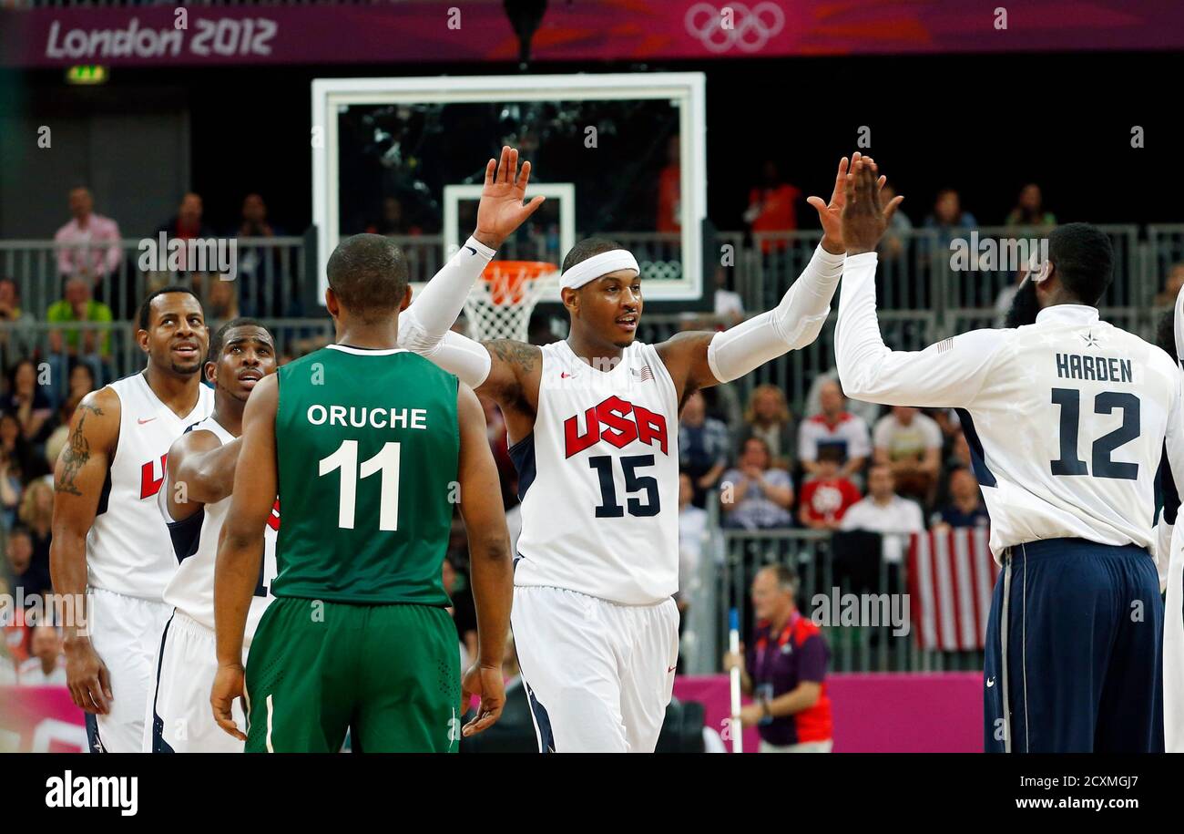 Carmelo Anthony C Of The U S Celebrates With Teammate James Harden As He Breaks The All Time Single Game Scoring Record For An U S Basketball Team Member In The Olympics During The Men S