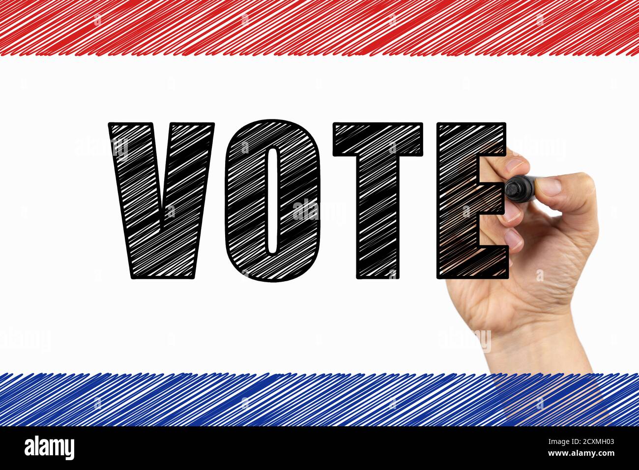 Vote sign, red and blue lines. Doodle  on a whiteboard, written with black marker in a hand. Scribble sketch text on a board Stock Photo