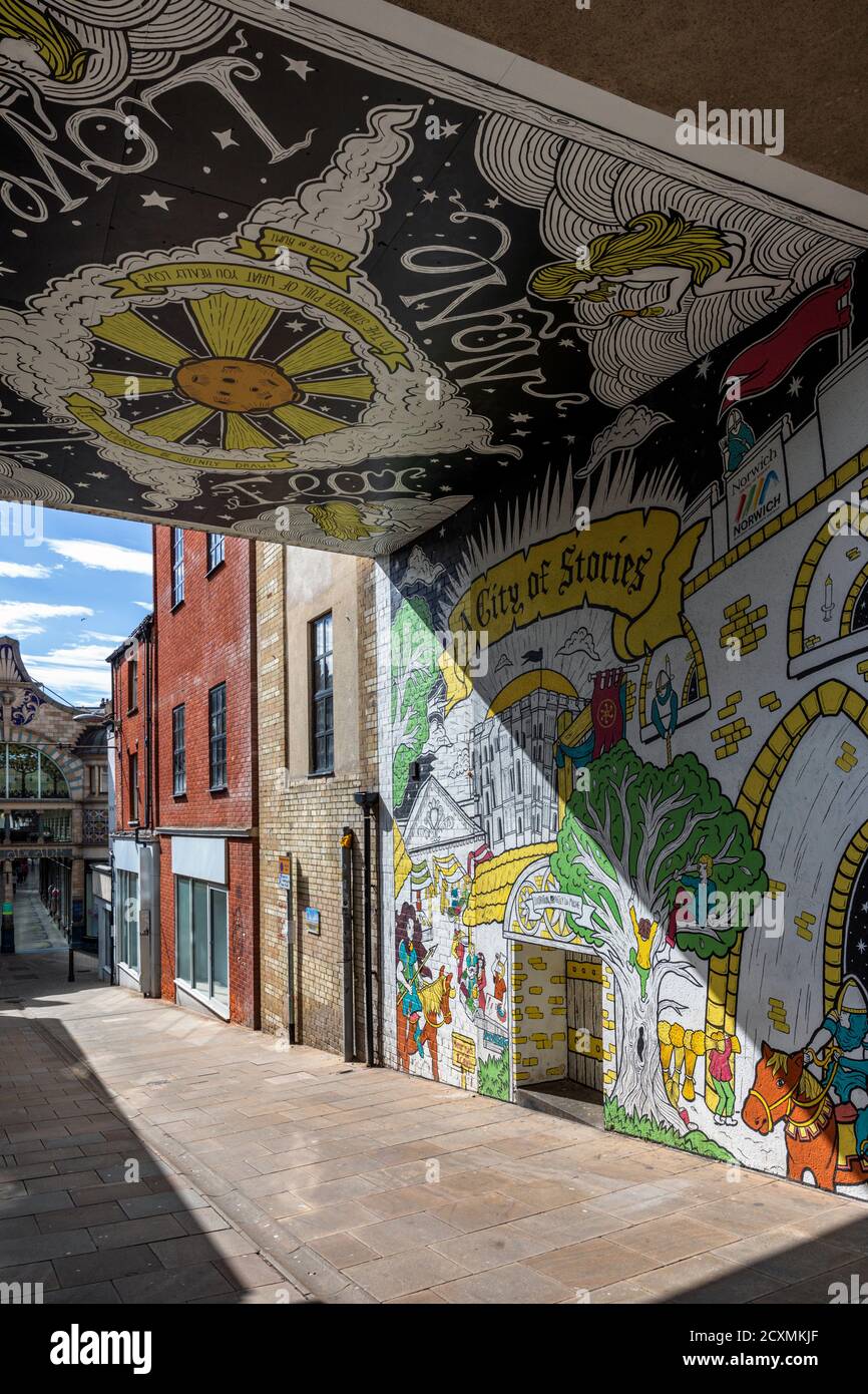 City of Stories mural by Joey La Meche on Arcade Street in the City centre of Norwich, Norfolk, England Stock Photo