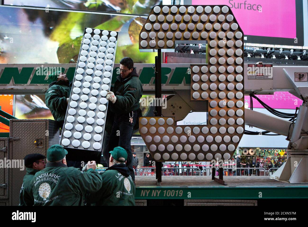 The seven-foot-tall number "13," to be used atop One Times Square, arrives  outside the Times Square Museum and Visitor Center in New York, December  19, 2012. The numbers will be on display