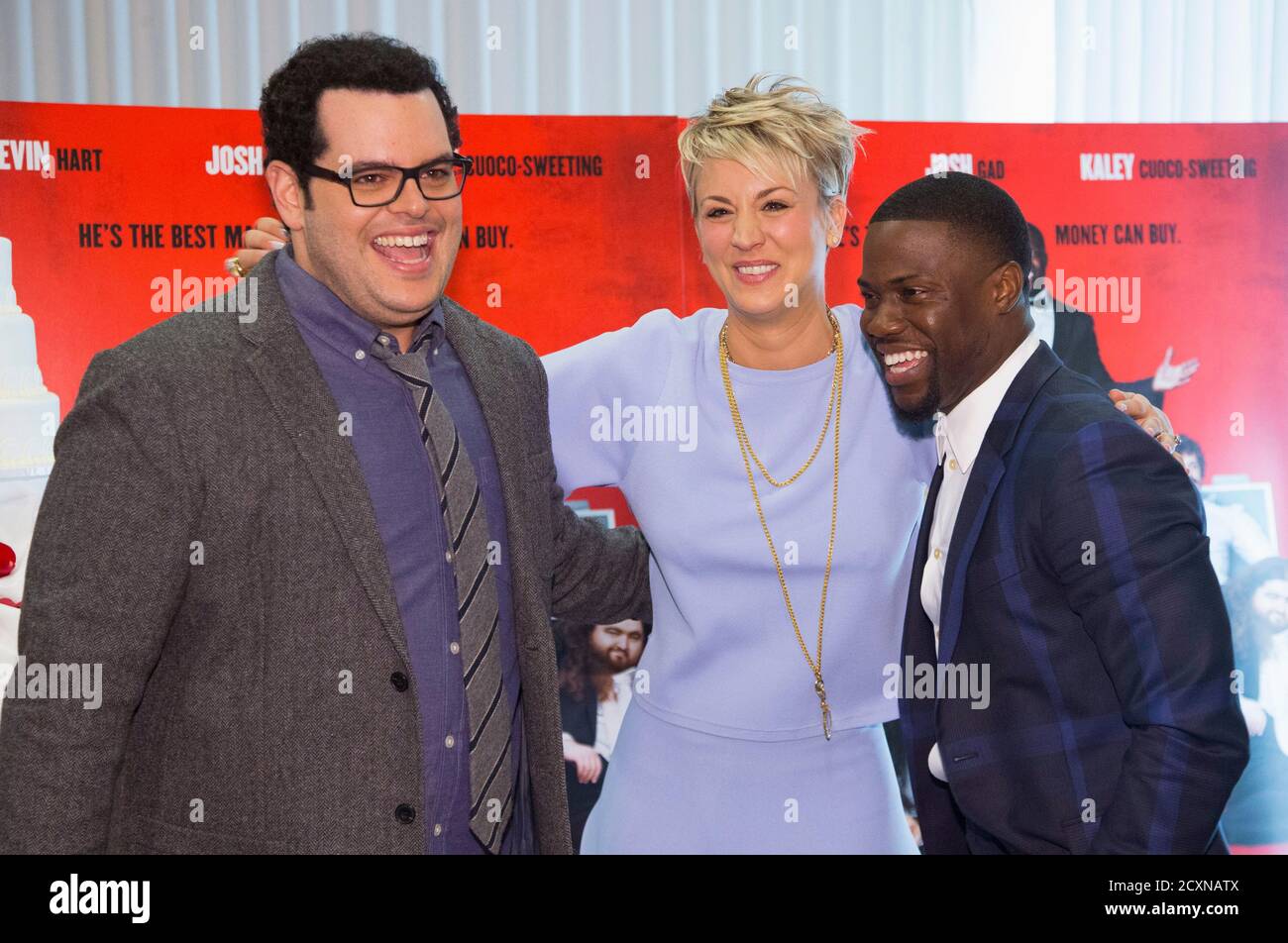Cast members Kaley Cuoco-Sweeting, Kevin Hart (R) and Josh Gad pose during a  photocall for the "The Wedding Ringer" in West Hollywood, California  January 6, 2015. The movie opens in the U.S.