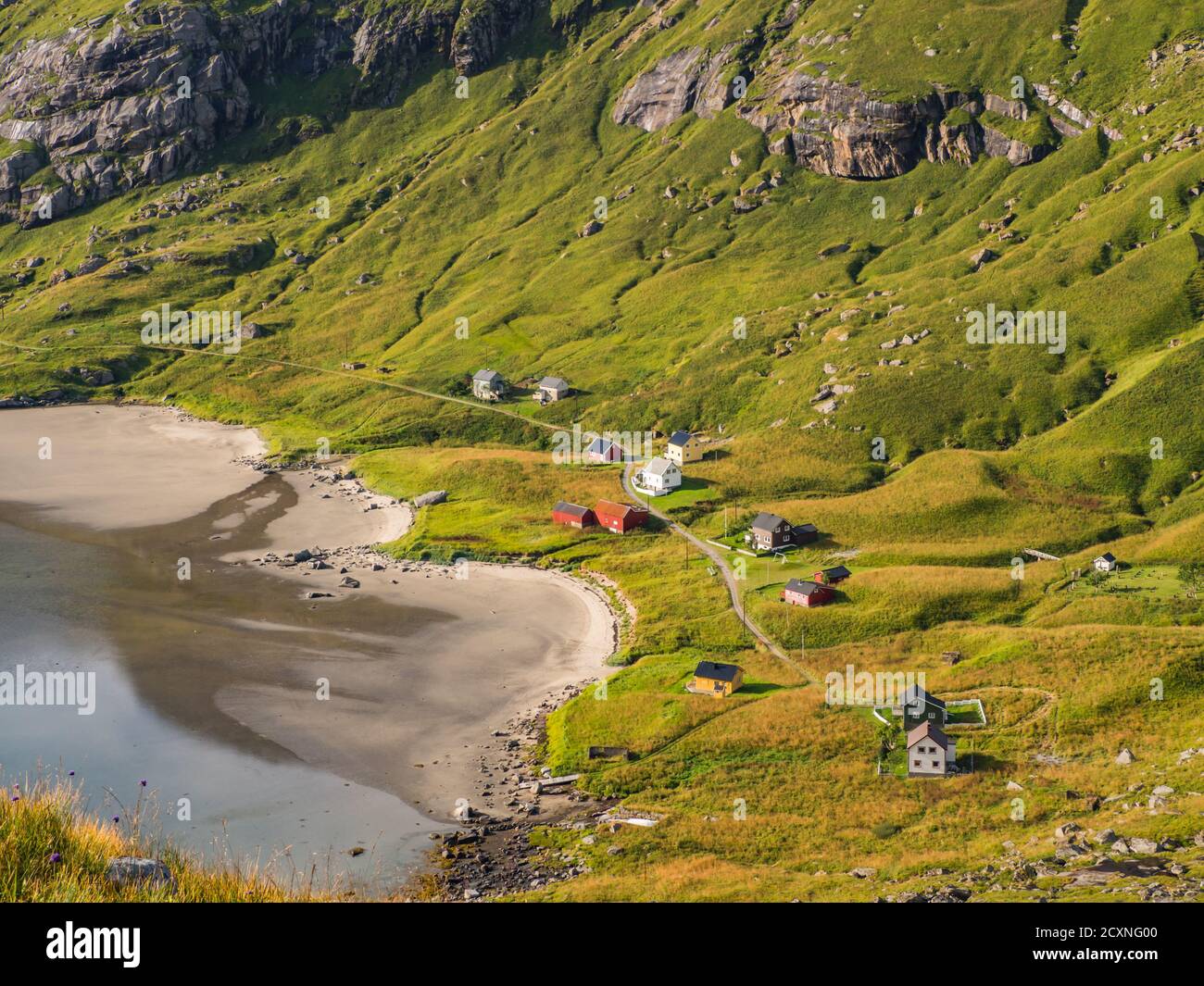 View of the village from the trail to  Helvetestinden  from Bunes beach in Norway Stock Photo