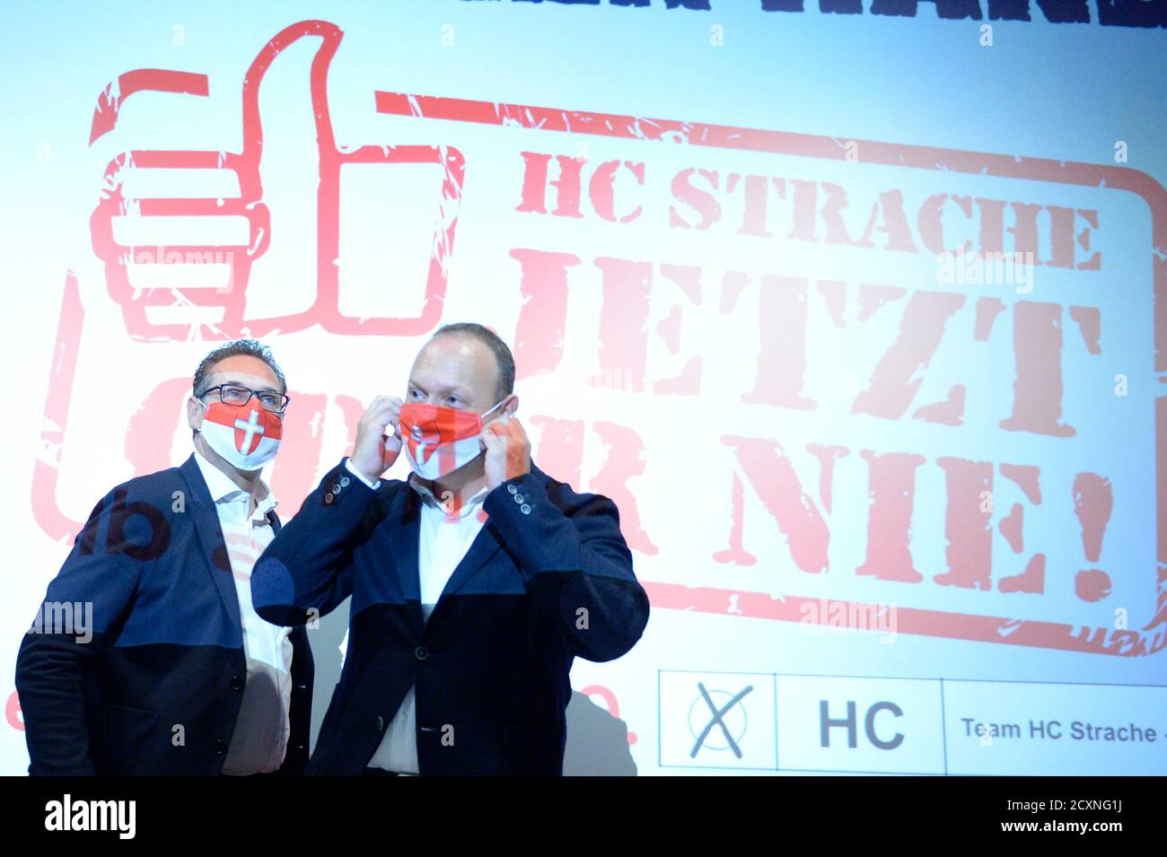 Vienna, Austria. 1st Oct, 2020. HC election campaign song Countdown to the comeback for the mayoral elections in Vienna on October 11, 2020 in Lugner City. Picture shows Heinz Christian Strache (L) and Christian Höbart (R). Credit: Franz Perc/Alamy Live News Stock Photo