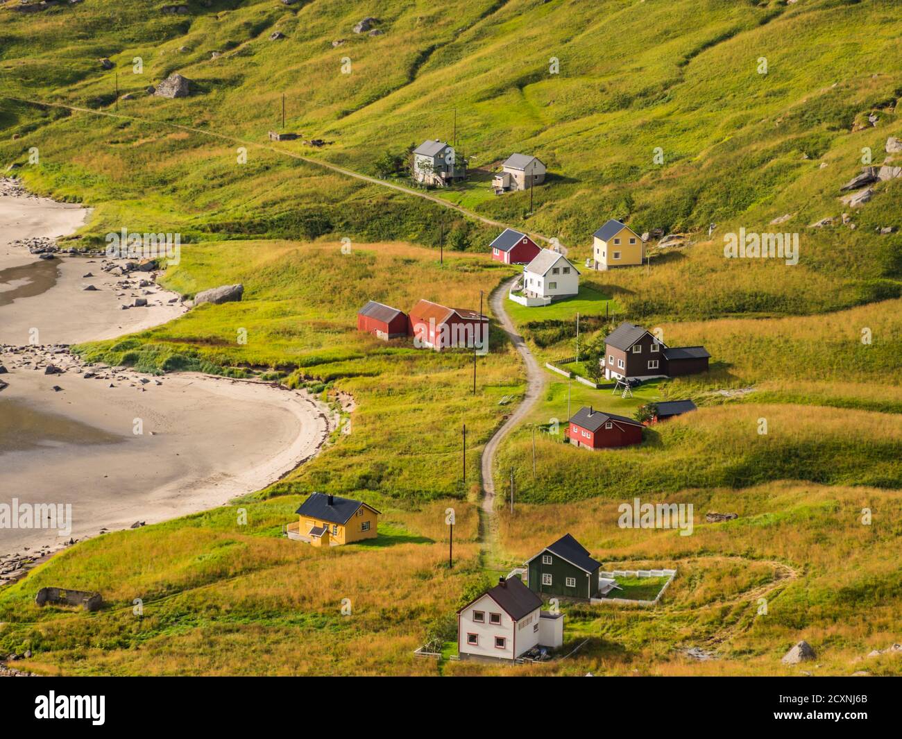 View of the village from the trail to  Helvetestinden  from Bunes beach in Norway Stock Photo
