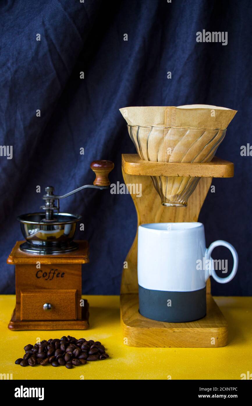 Pour over coffee maker, coffee cup and mug, studio shoot Stock Photo