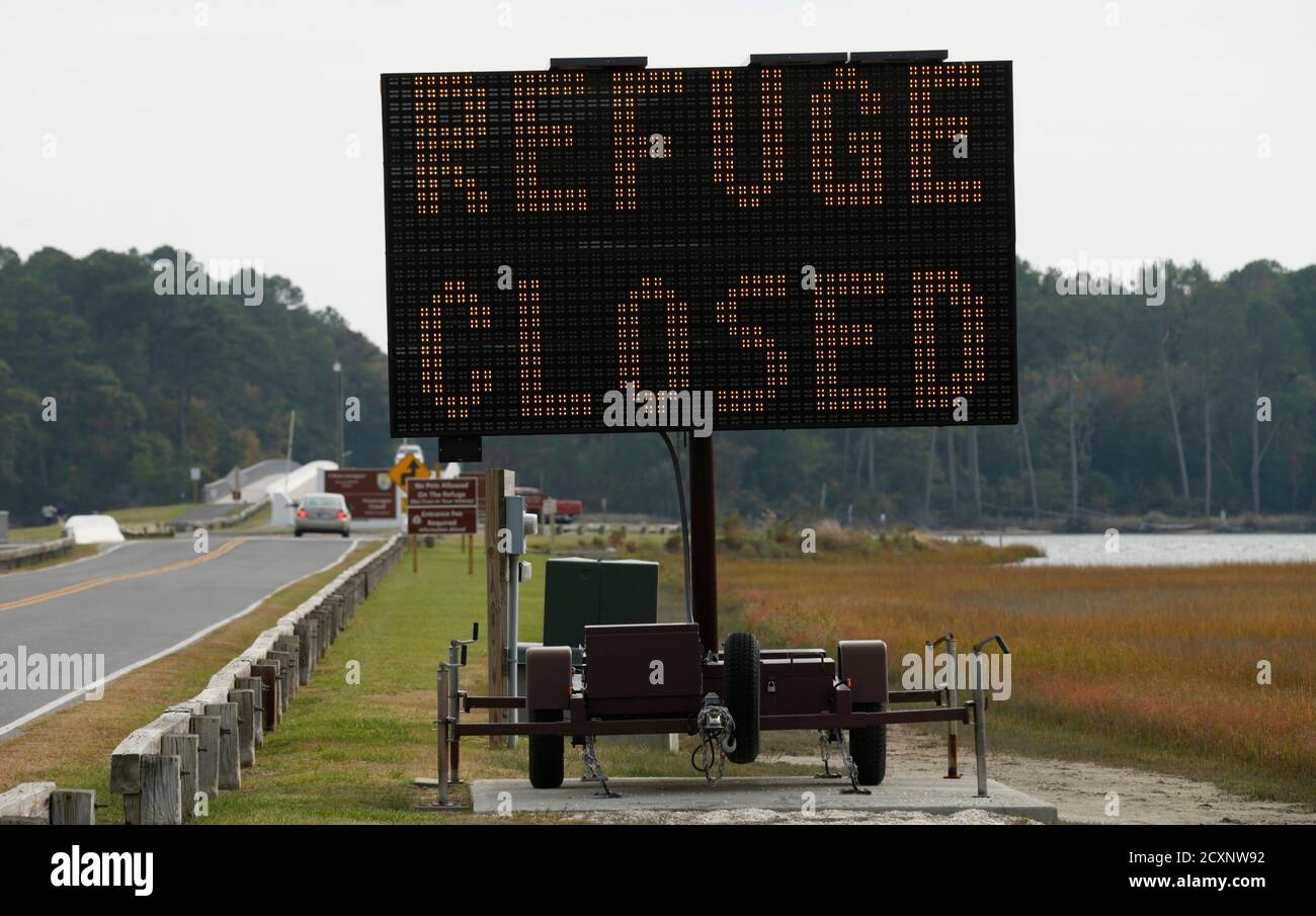 The road to Assateague Island is closed due to potentially hazardous material washing ashore in Chincoteague, Virginia,  October 29,  2014.  On Tuesday night, the  Antares 14-story rocket, blasted off from nearby NASA's Wallops Flight Facility and burst into flames moments later.  REUTERS/Kevin Lamarque  (UNITED STATES - Tags: SCIENCE TECHNOLOGY DISASTER ENVIRONMENT) Stock Photo
