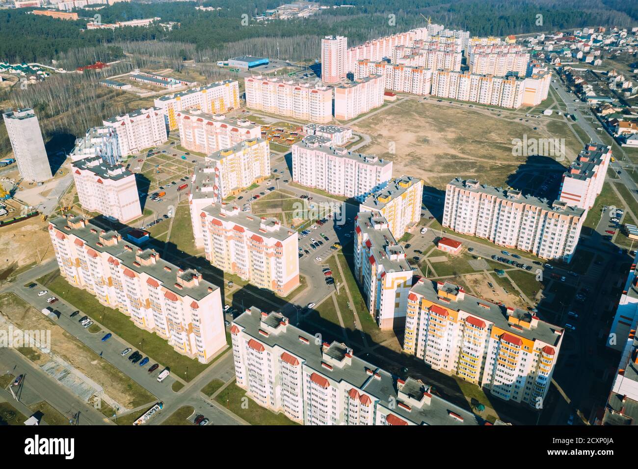 Gomel, Belarus. Aerial Bird'seye View Of New Residential Multistorey