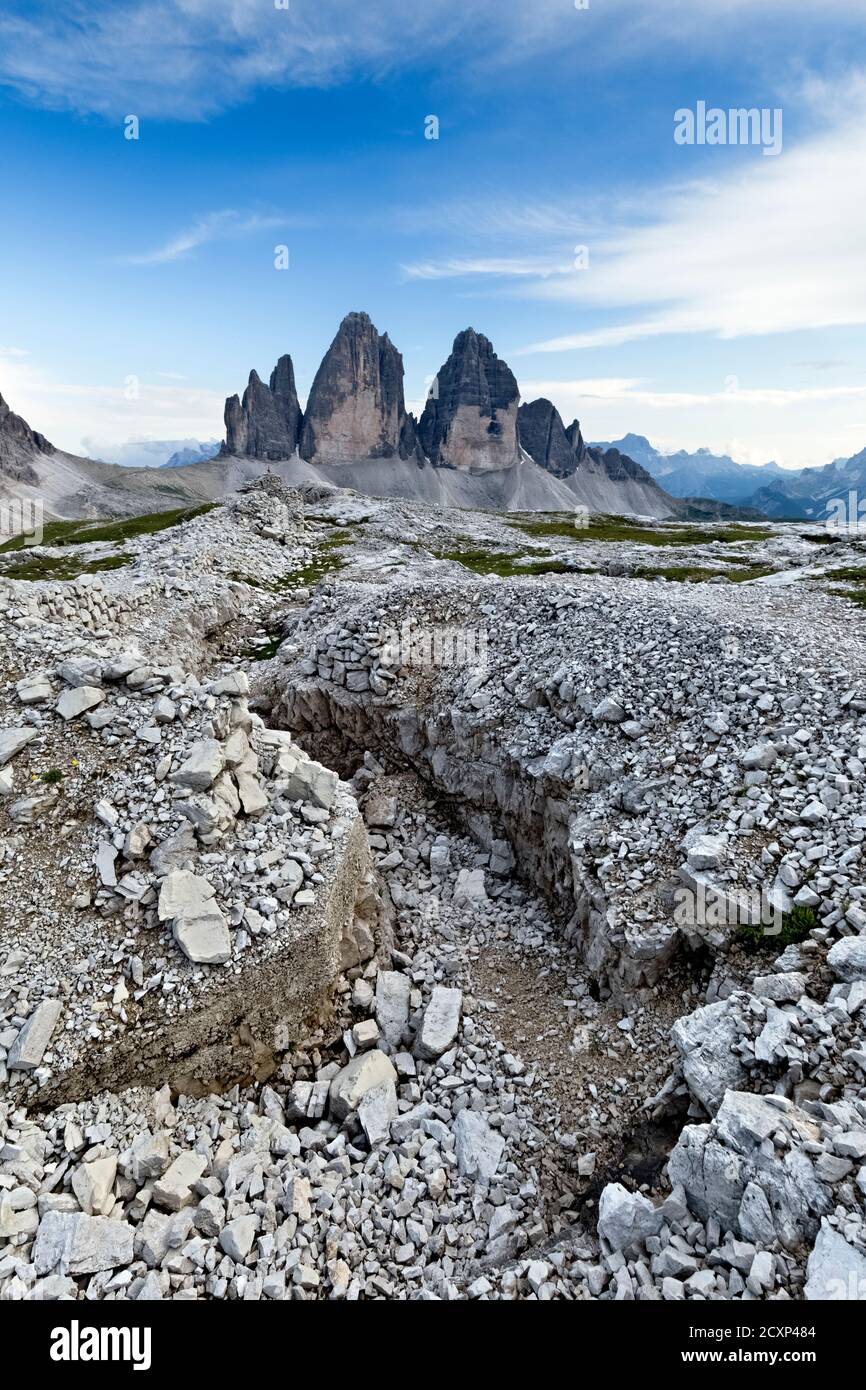 The 'Demian' stronghold of the Great War. In the background the Tre Cime di Lavaredo. Sesto Dolomites, Bolzano province, Trentino Alto-Adige, Italy. Stock Photo