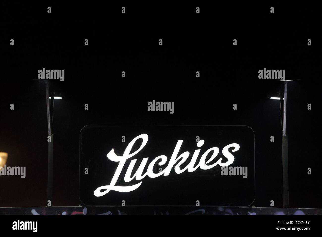 BELGRADE, SERBIA - AUGUST 17, 2019: Luckies, the vintage name for Lucky Strike logo in front of their retailer in belgrade. Lucky Strike is an america Stock Photo