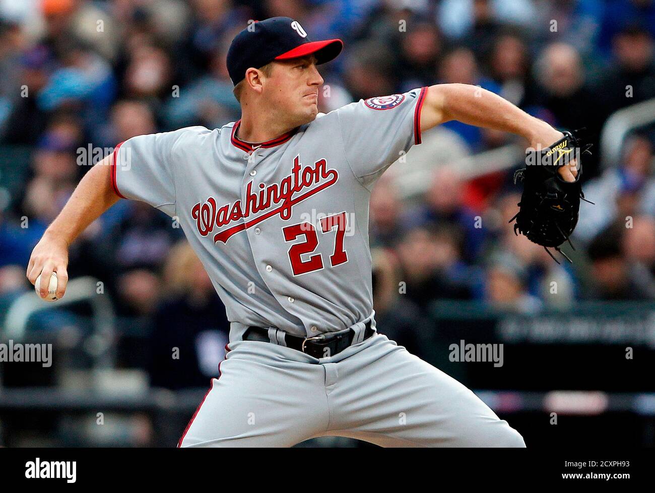 Washington Nationals starting pitcher Jordan Zimmermann throws during the first inning of their MLB National League baseball game against the New York Mets at Citi Field in New York April 8, 2011.  REUTERS/Jessica Rinaldi (UNITED STATES - Tags: SPORT BASEBALL) Stock Photo