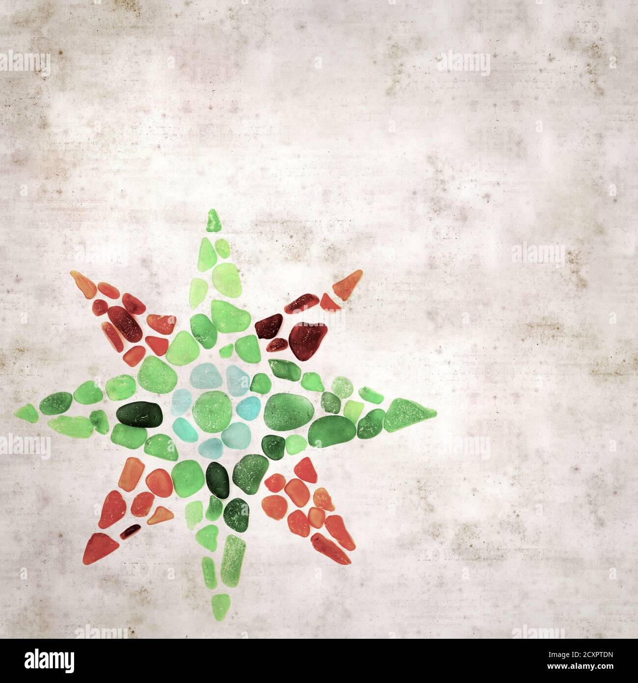 textured stylish old paper background, square, with Star of Ishtar symbol made of seaglass Stock Photo