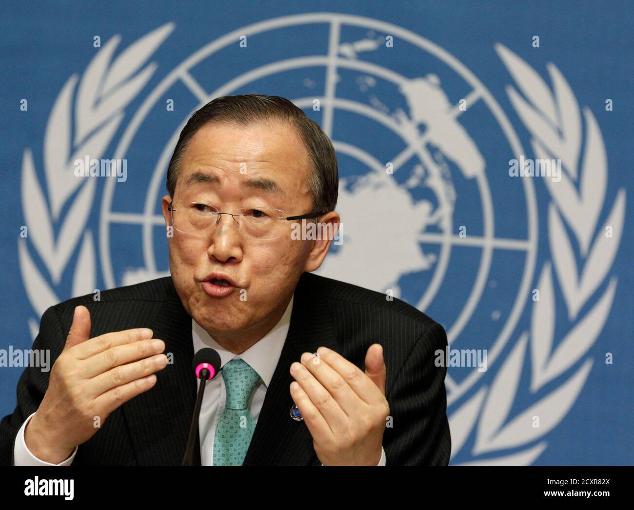 U.N. Secretary-General Ban Ki-moon addresses a news conference at the  United Nations in Geneva April 12, 2012. 15:37 The onus is on Syria's  government to keep to its promise to observe a