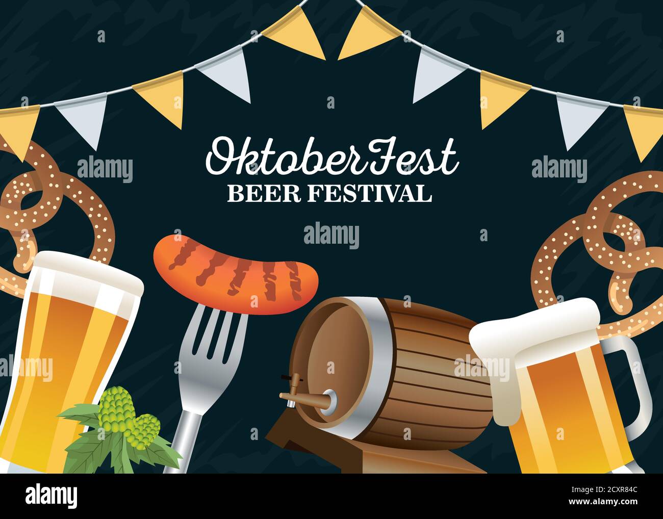 happy oktoberfest celebration with garlands and set icons vector ...