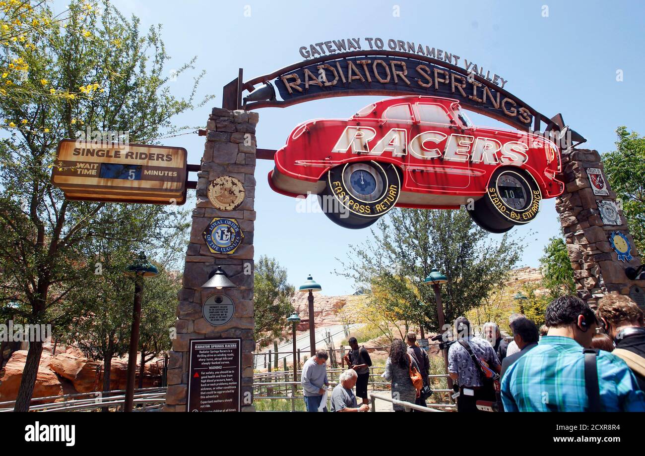 Expanded Disneyland California Adventure Park features a new attraction in  Cars Land called Radiator Springs Racers, which gives guests a scenic tour  of Ornament Valley in racing convertibles in Anaheim, California June