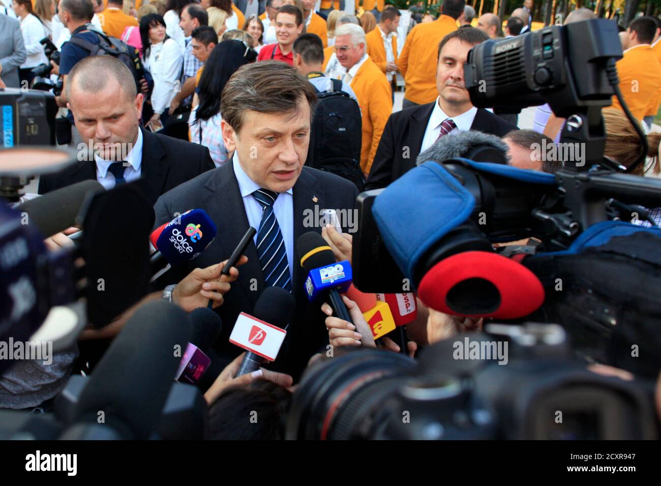Romania's interim President Crin Antonescu speaks to the media after a ceremony introducing the country's athletes for the 2012 London Olympics in Bucharest July 19, 2012. REUTERS/Radu Sigheti (ROMANIA - Tags: POLITICS SPORT OLYMPICS) Stock Photo