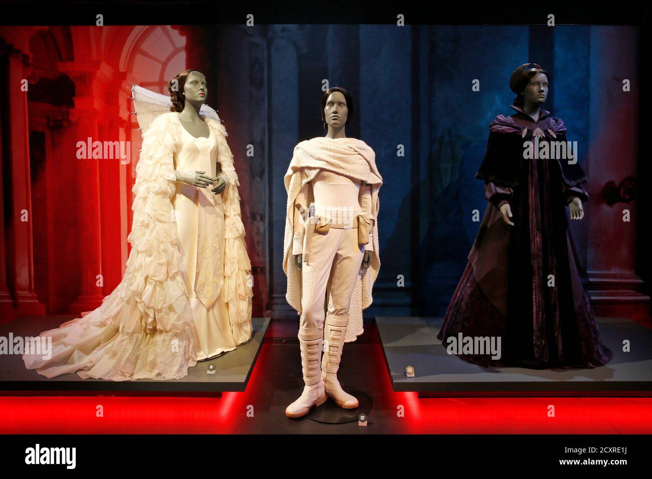 Costumes of the Padme Amidala character from the from the Star Wars film  series are seen during press day at the exhibit "Star Wars Identities" at  the "Cite du Cinema" movie studios