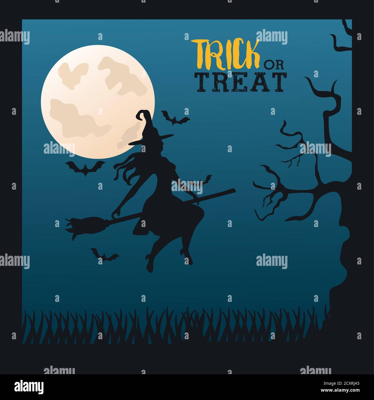 happy halloween celebration with witch flying in broom and moon night ...