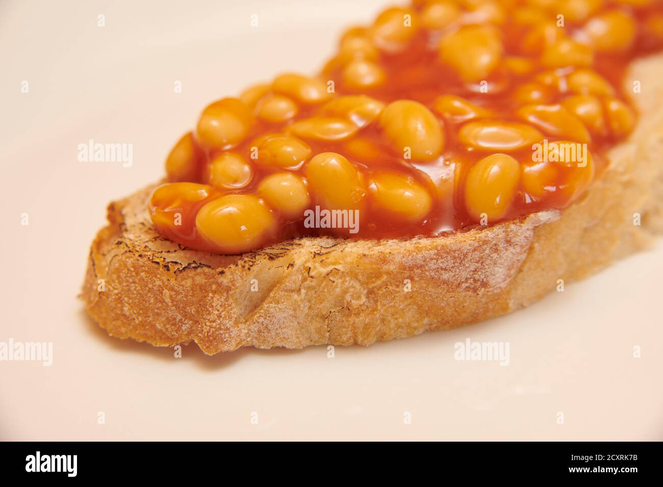 Baked Beans on toast, white plate, England, UK, GB, Stock Photo