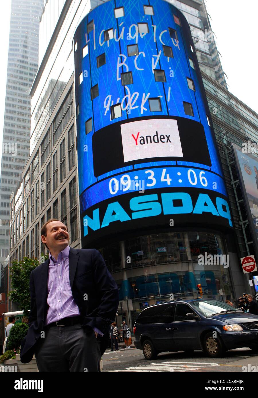 Yandex founder and CEO Arkady Volozh stands outside the Nasdaq market site in New York, May 24, 2011, after Yandex was officially listed on the Nasdaq in their IPO. The Nasdaq listing values Russia's leading internet search engine at $8 billion, an eye-popping 500 times its worth when private equity investors bought into the company in 2000.  REUTERS/Mike Segar   (UNITED STATES - Tags: BUSINESS SCI TECH) Stock Photo