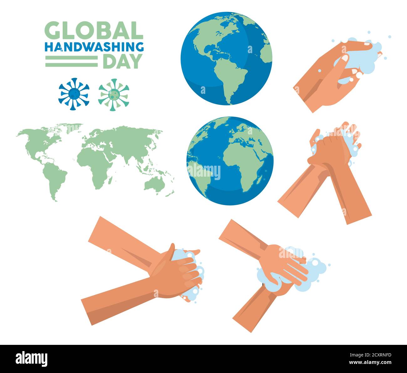 global handwashing day lettering with hands and earths planets vector ...