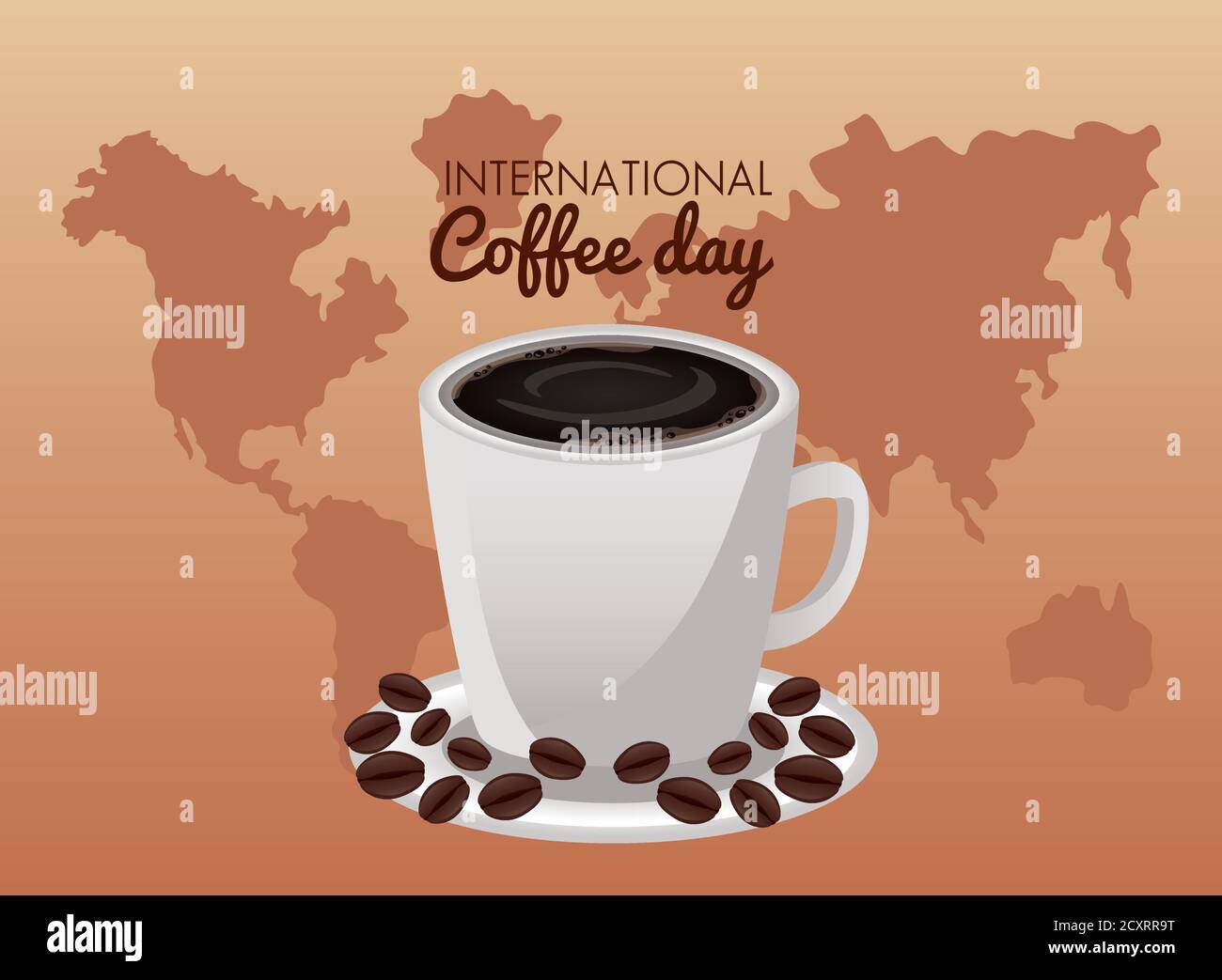 international coffee day celebration with cup and beans in planet