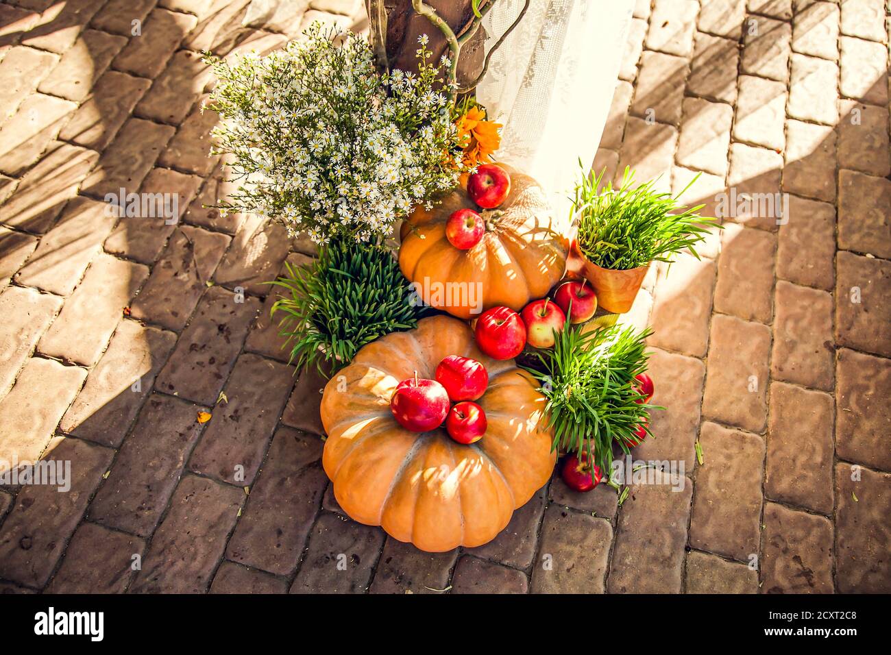 Wedding arch for off-site wedding ceremony, decorated in autumn theme with pumpkins. Stock Photo