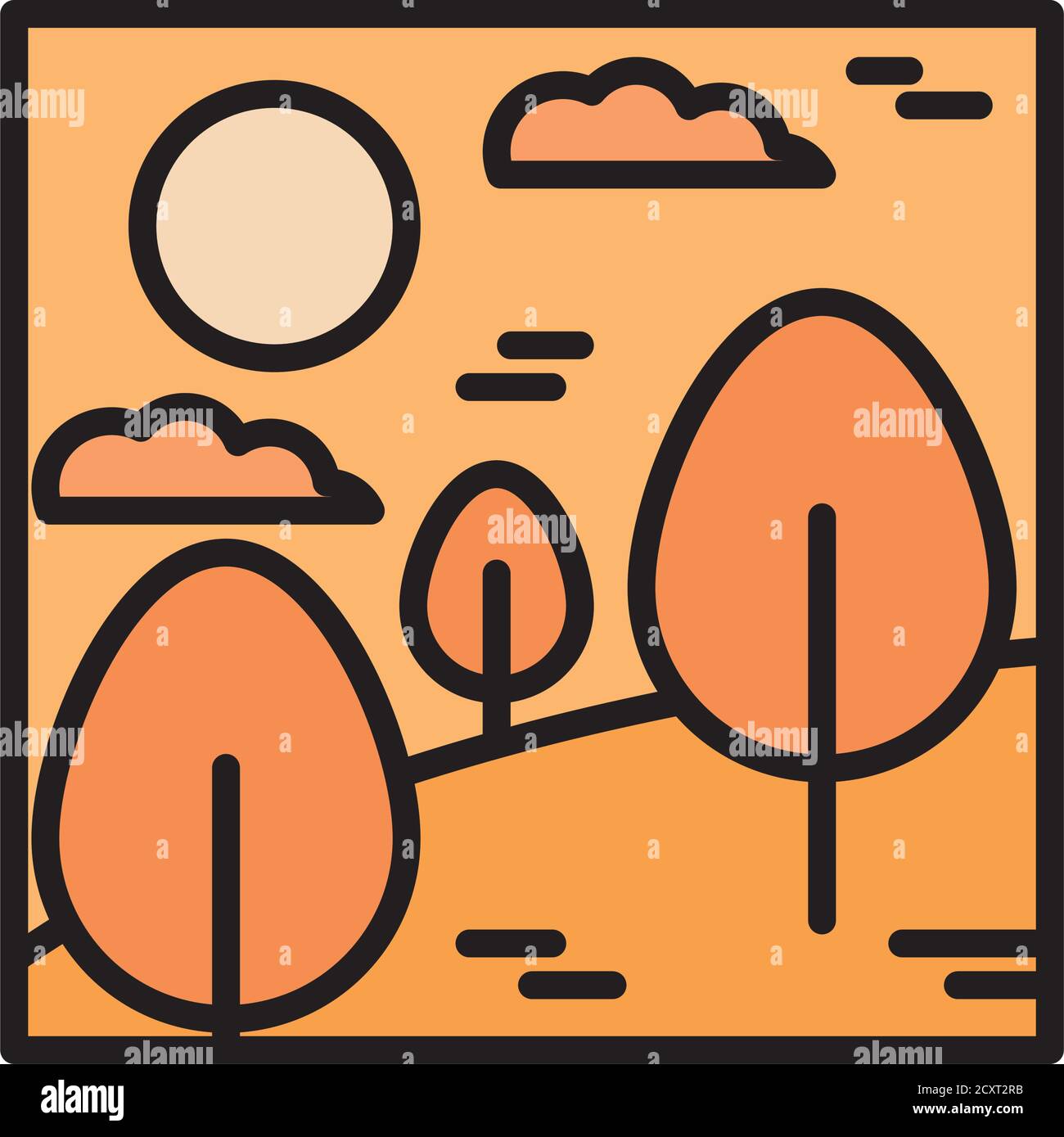 landscape forest trees desert clouds sun cartoon line and fill style ...