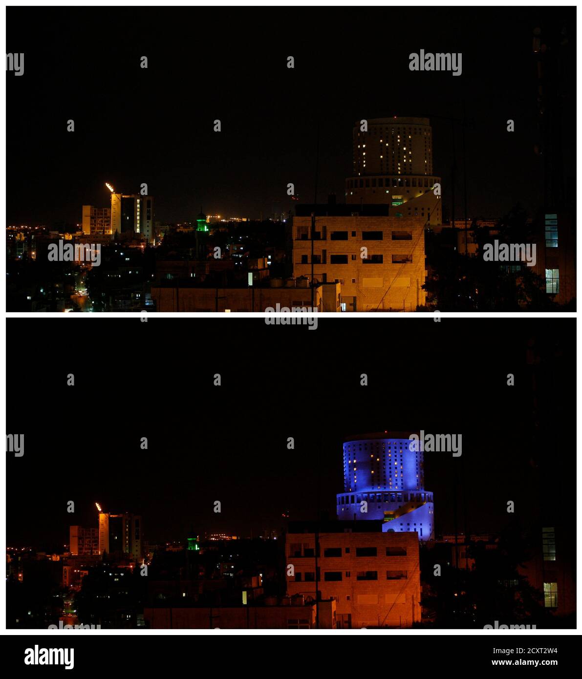 A combination shows the Le Royal Hotel before (bottom) during Hour Amman March 29, 2014. Earth Hour, when everyone around the world is asked to turn off lights