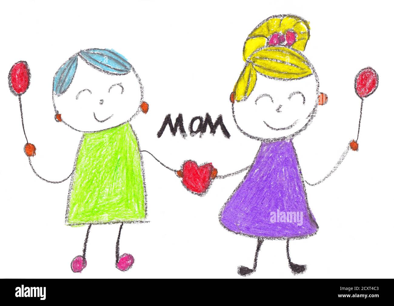 Kids crayon drawing of a Mother's Day card, with a white background and copy space Stock Photo
