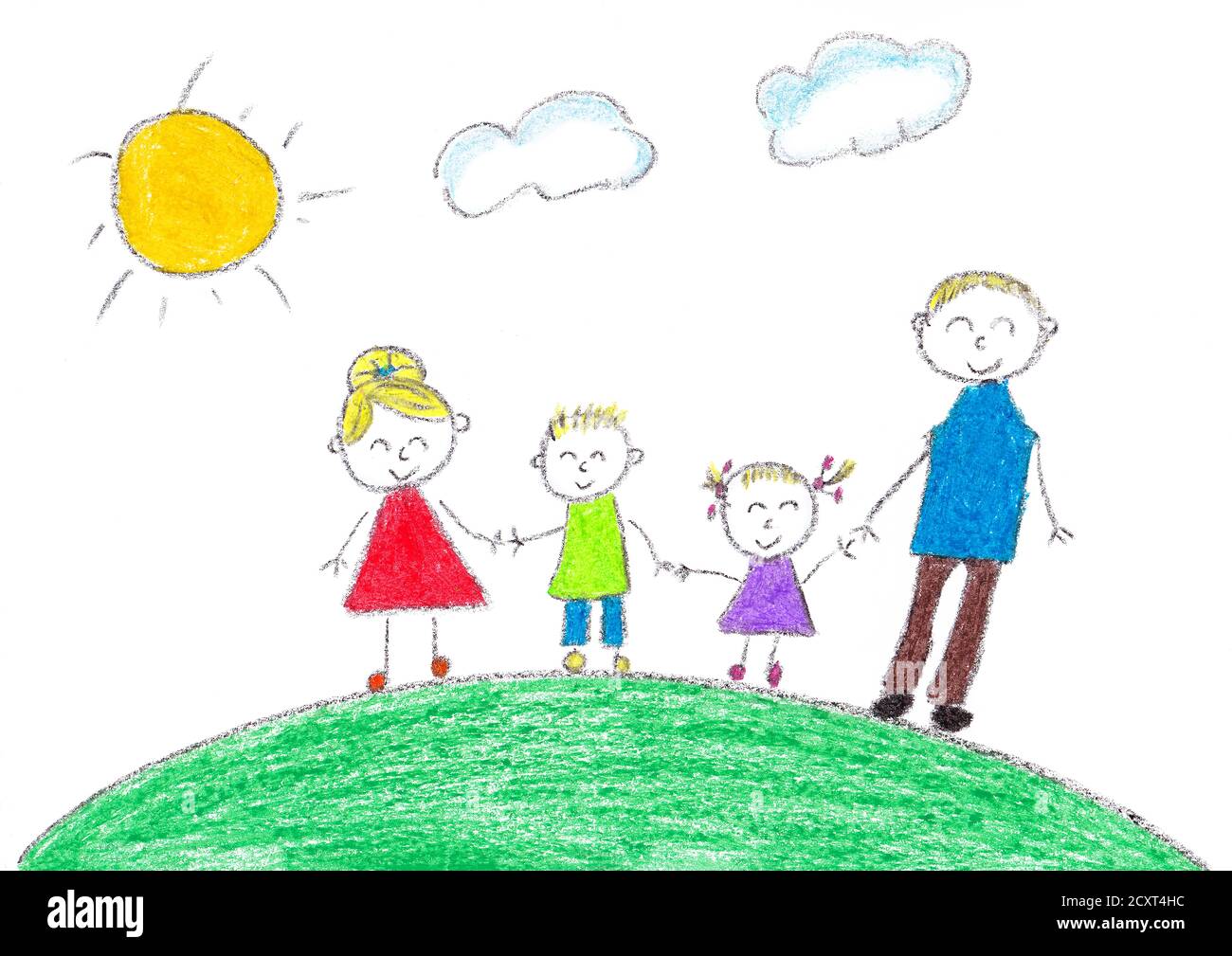 Child's simple drawing of their family with a white background Stock Photo