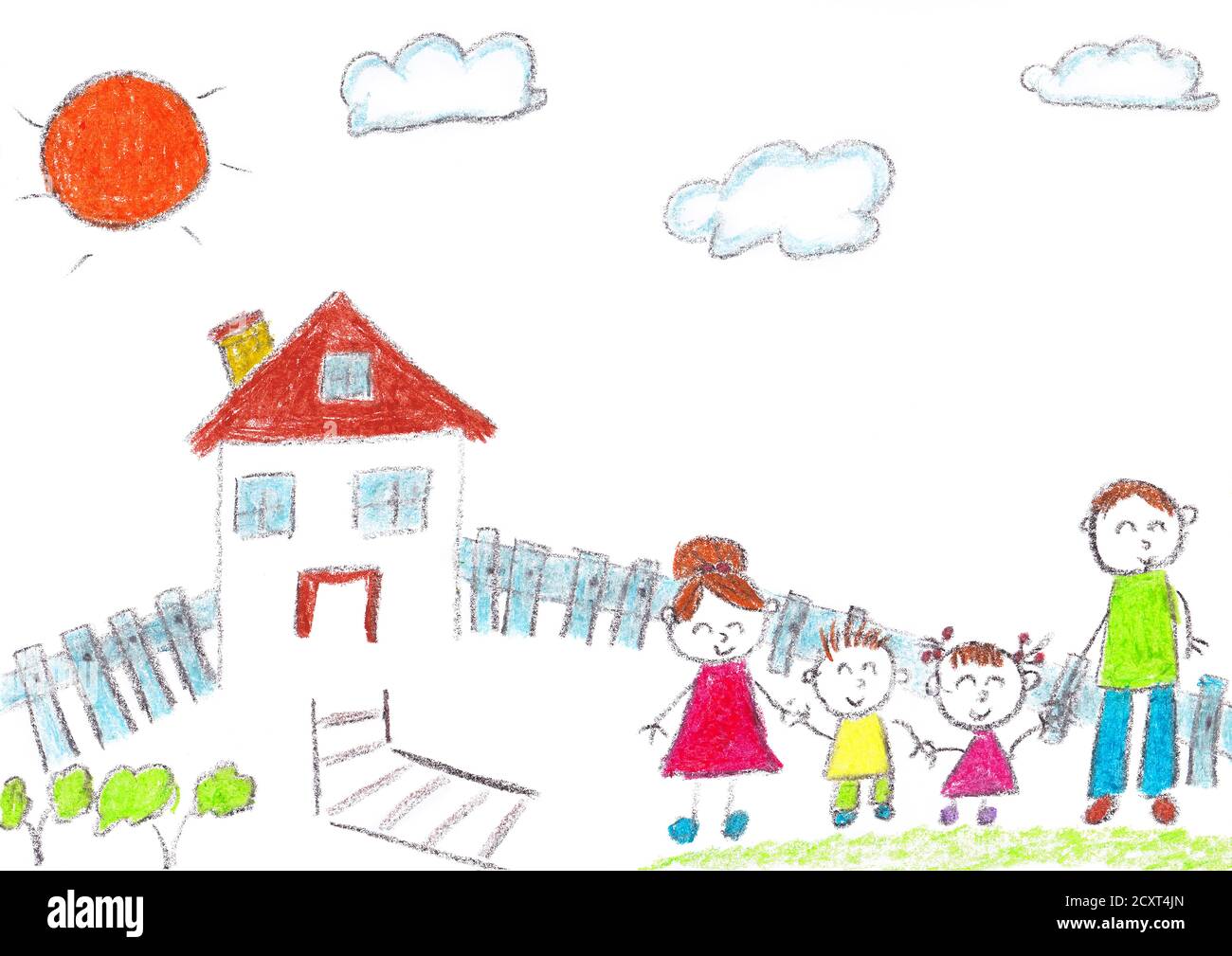 Child's simple drawing of their family with a white background Stock Photo