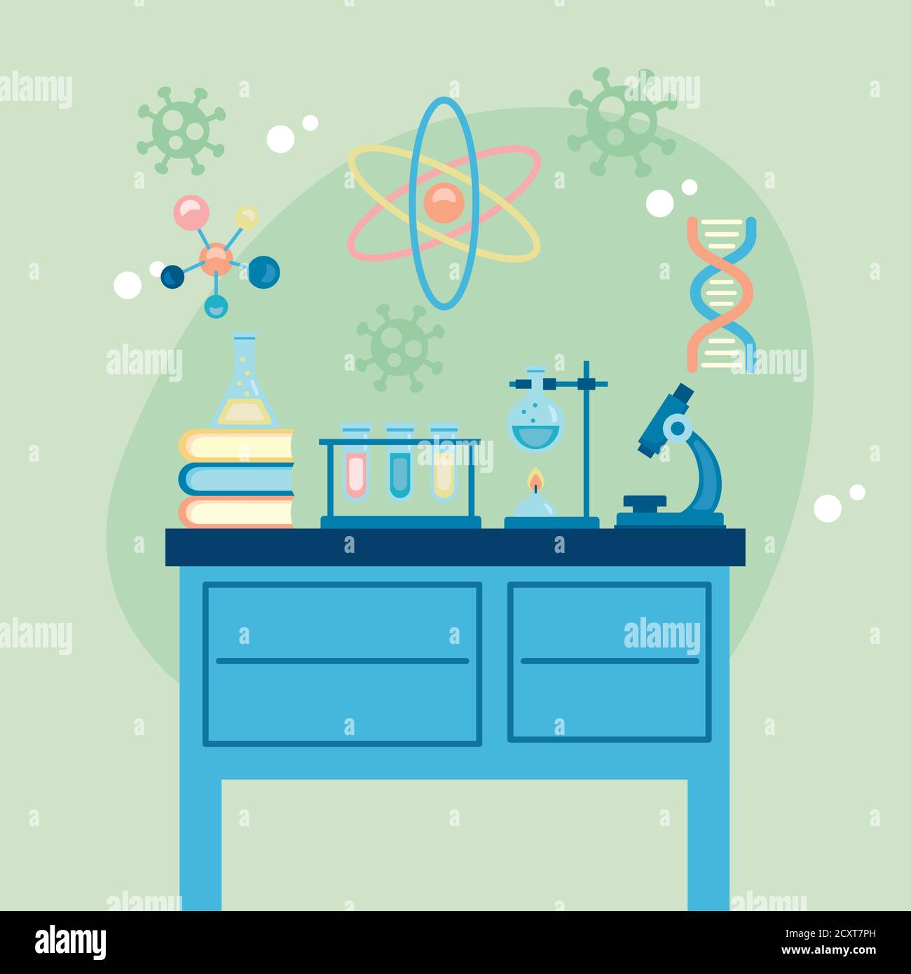 laboratory desk with microscope vaccine research vector illustration ...